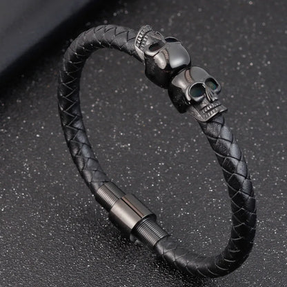 Hyperbole Men’s Black Braided Leather Bracelet with Stainless Steel and Skull Design