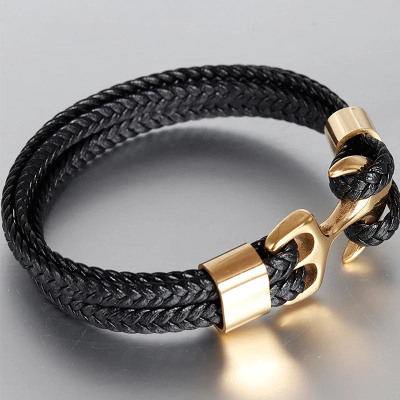 Stainless Steel with Genuine Leather Men Anchor Bracelets