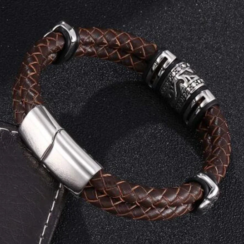 Double Layer Punk Brown Braided Leather Bracelet for Men Metal Magnetic Clasp Business Bracelet Man Jewelry Gift