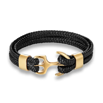 Men’s Anchor Bracelet with Black Leather & Stainless Steel