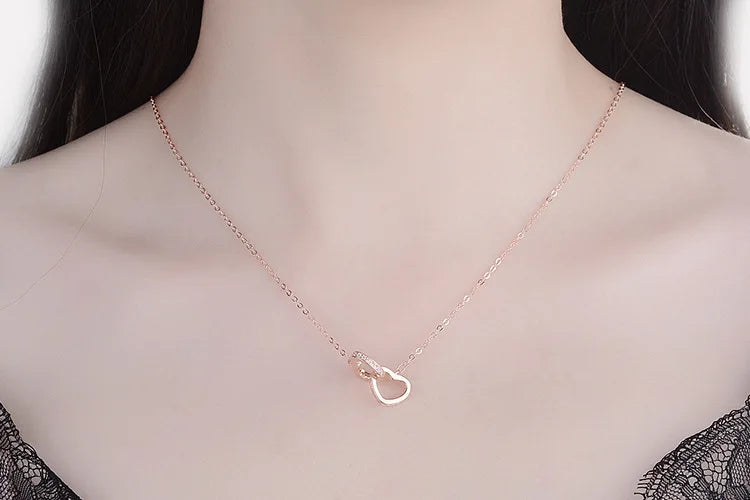 925 Sterling Silver Rose Gold Double Heart Crystal Pendant Necklace for Women - Korean Jewelry with Chain, Perfect Gift