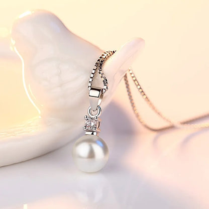 925 Sterling Silver Crystal Zircon Pearl Pendant Necklace - 45CM