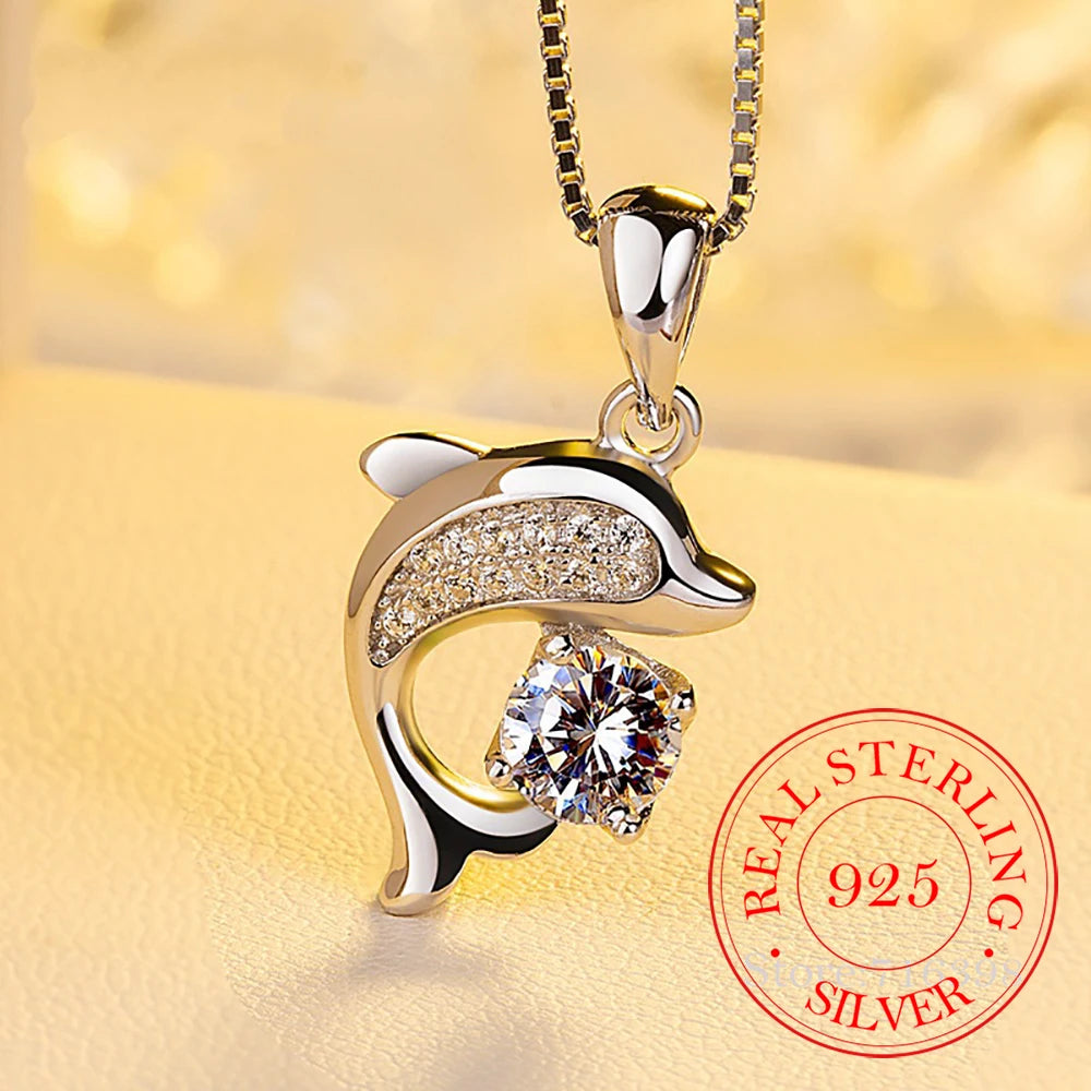 925 Sterling Silver Dolphin Charm Necklace with Crystal