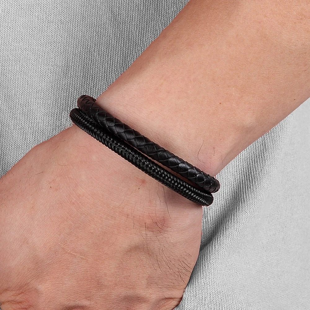 XQNI Classic Leather & Stainless Steel Men's Bracelet