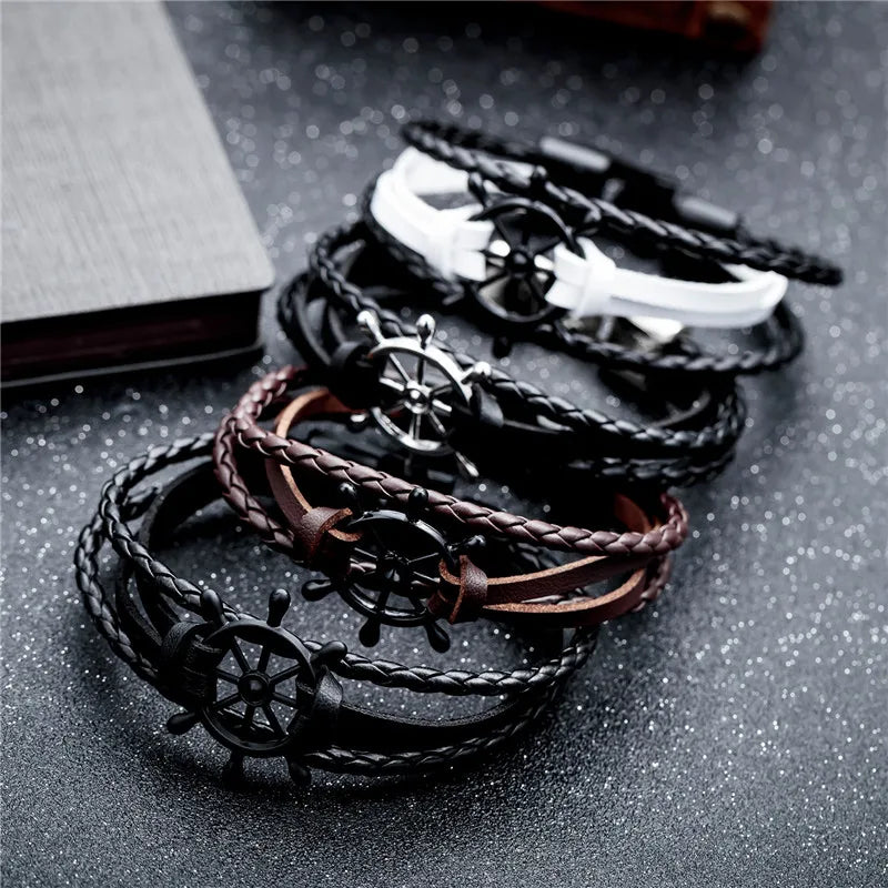 Vintage Braided Black Leather Charm Bracelets Men Couple hope Rudder Wrap Wristbands for Women femme homme Fashion Jewelry Gifts