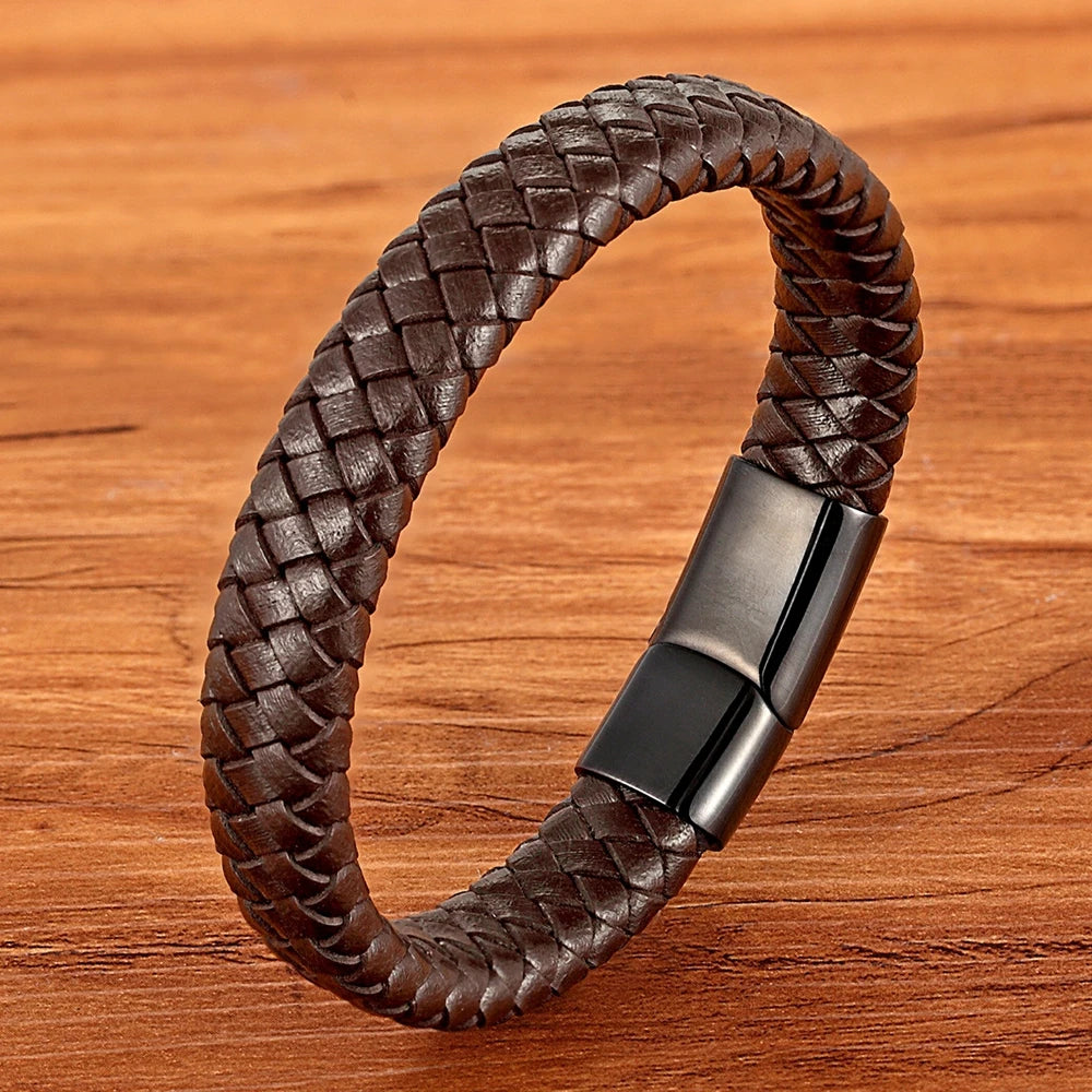 TYO Classic Brown Woven Leather Bracelet with Magnetic Clasp