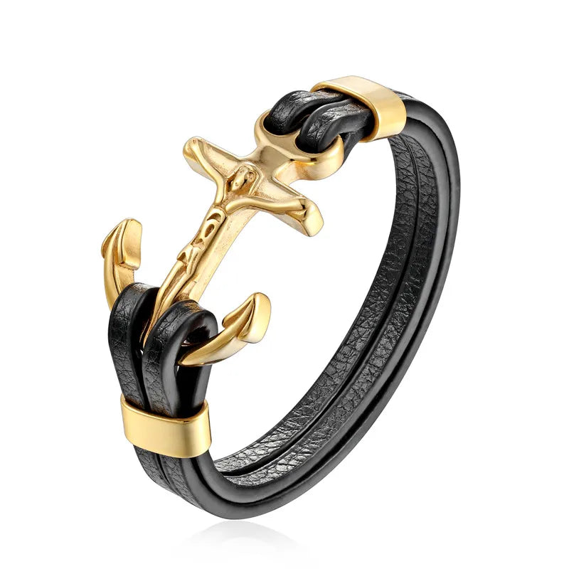 Stainless Steel Charm Genuine Leather Anchor Bracelet for Men