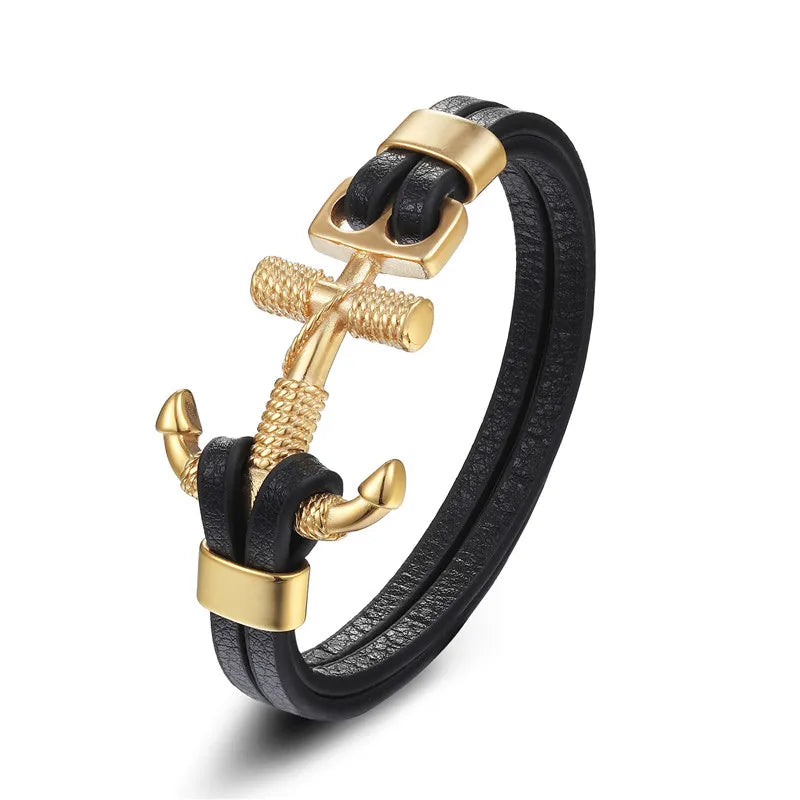 Stainless Steel Charm Genuine Leather Anchor Bracelet for Men