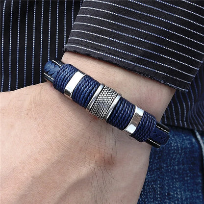 MKENDN Punk Men Braided Genuine Blue Leather Bracelet Black Stainless Steel Magnetic Buckle Bracelet Gifts Homme Pulseras