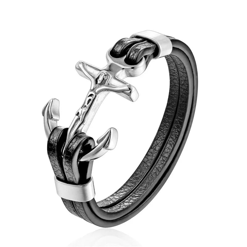 Stainless Steel Charm Genuine Leather Anchor Bracelet for Men