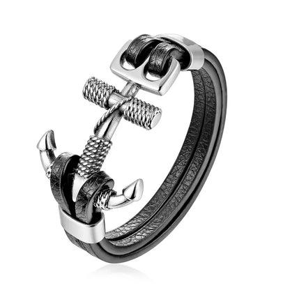 Stainless Steel Charm Genuine Leather Anchor Bracelet for Men