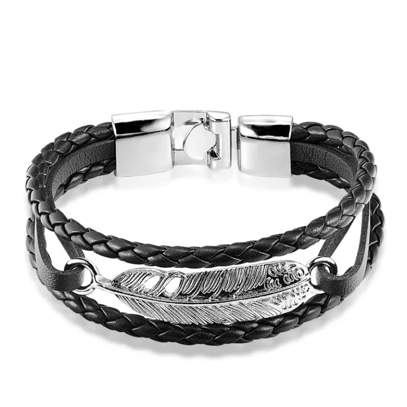 Men's Anchor Bracelet with Casual Feather Leather Charm