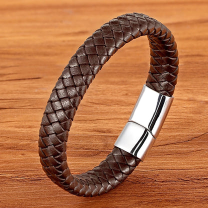 TYO Classic Brown Woven Leather Bracelet with Magnetic Clasp