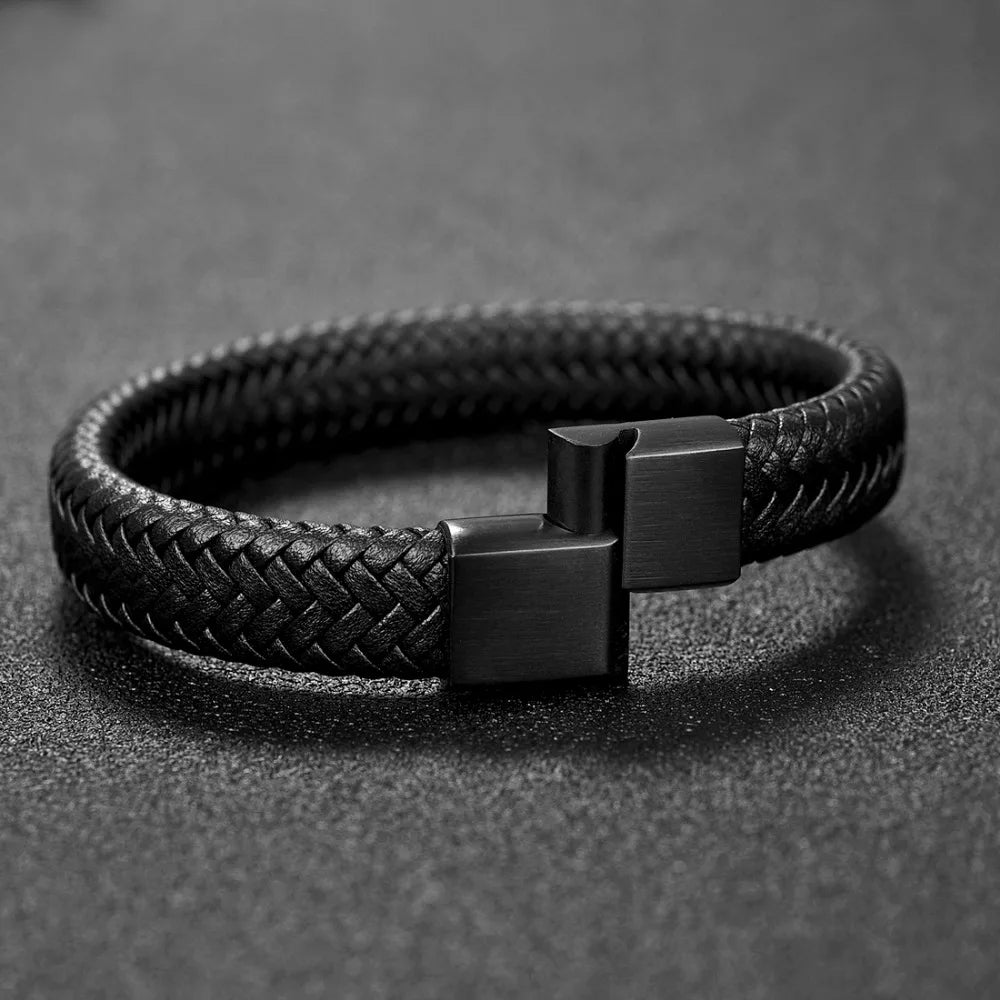 Jiayiqi Black/Brown Braided Leather Bracelet with Stainless Steel Clasp