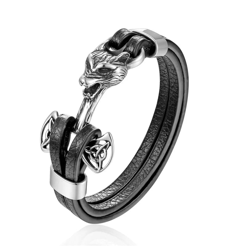 Stainless Steel Charm Genuine Leather Anchor Bracelet for Men