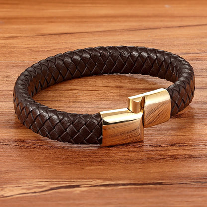 TYO Classic Brown Woven Leather Bracelet with Magnetic Clasp