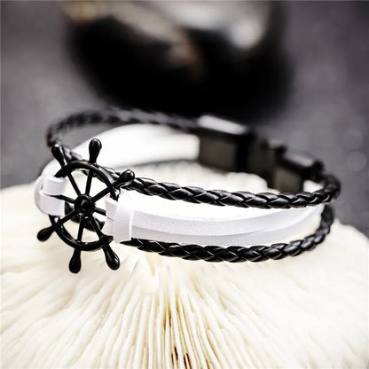 Vintage Braided Black Leather Charm Bracelets Men Couple hope Rudder Wrap Wristbands for Women femme homme Fashion Jewelry Gifts