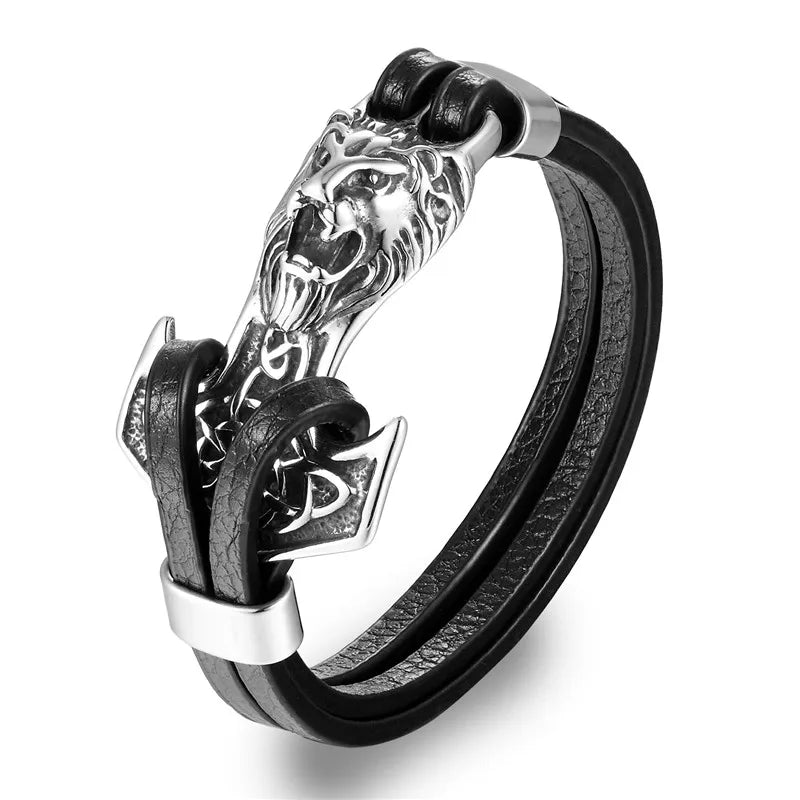 Stainless Steel Charm Genuine Leather Anchor Bracelet for Men