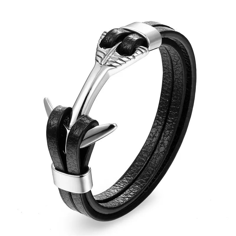 Stainless Steel Charm Genuine Leather Anchor Bracelet for Men