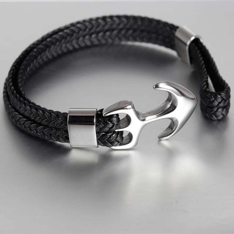 Classic Stainless Steel Anchor Bracelet for Men with Genuine Leather & Fashionable Bangles