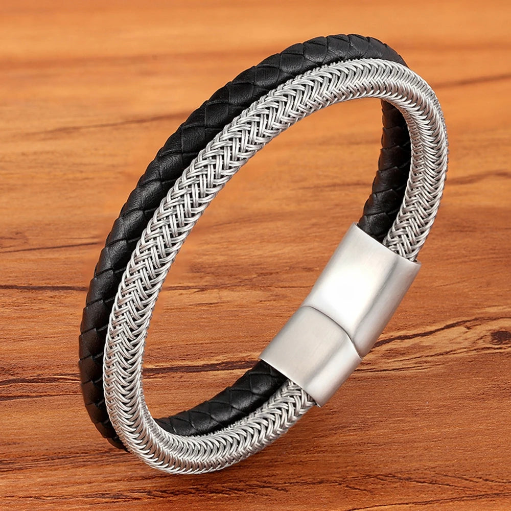 XQNI Classic Leather & Stainless Steel Men's Bracelet