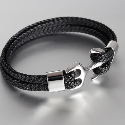 Classic Stainless Steel Anchor Bracelet for Men with Genuine Leather & Fashionable Bangles