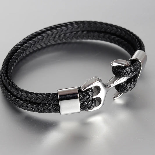 Classic Stainless Steel Anchor Bracelet for Men with Genuine Leather & Fashionable Bangles