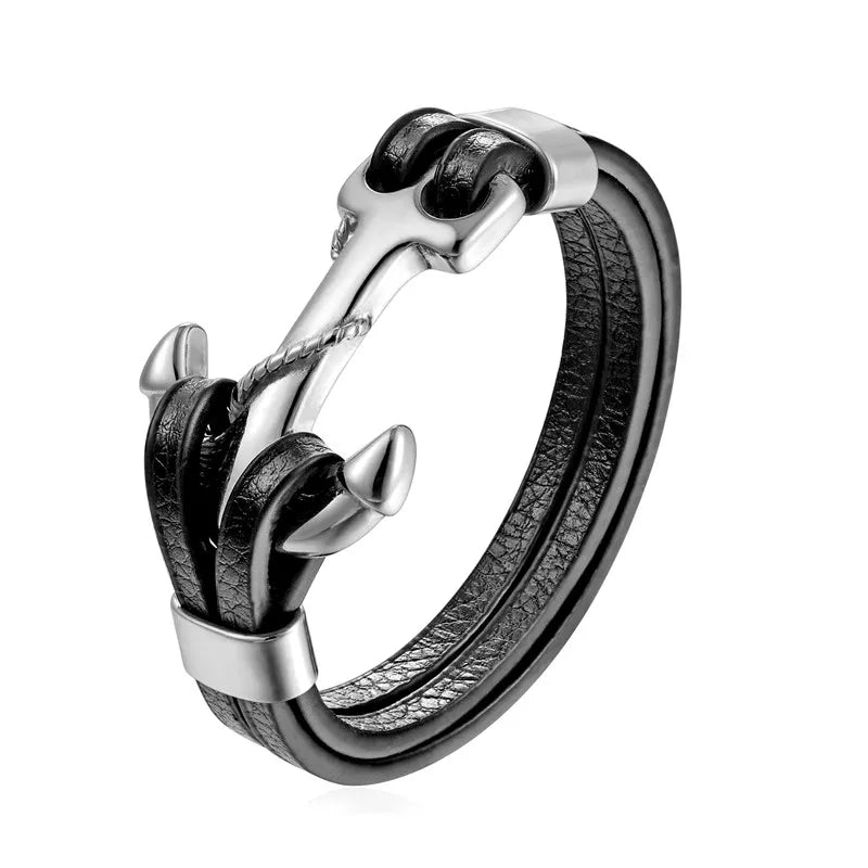 Stainless Steel Charm Genuine Leather Anchor Bracelet for Men