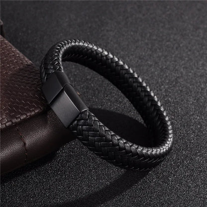 Jiayiqi Black/Brown Braided Leather Bracelet with Stainless Steel Clasp