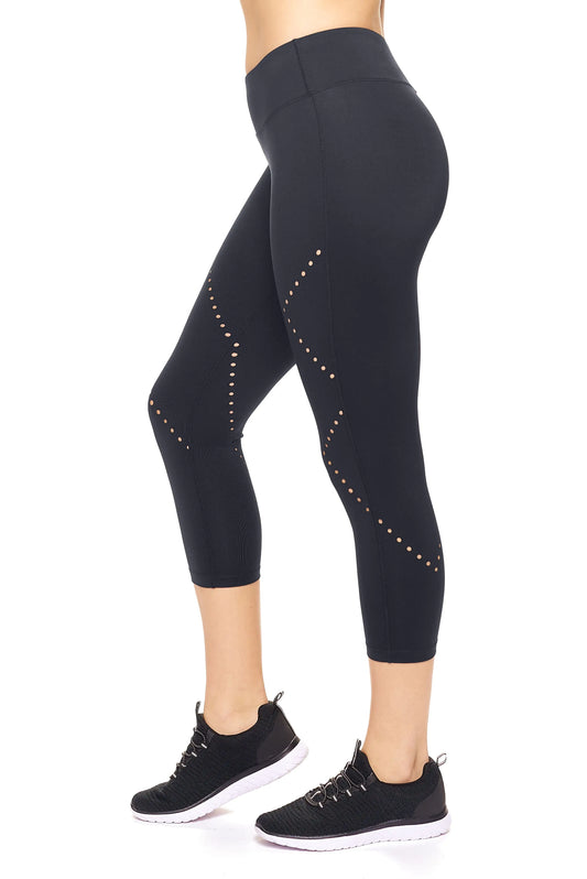 Women's Mid-Rise Diamond Laser Cut Capri Leggings for Workout and Yoga