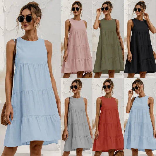 Cotton O-Neck Sleeveless Solid Midi Dress for Women