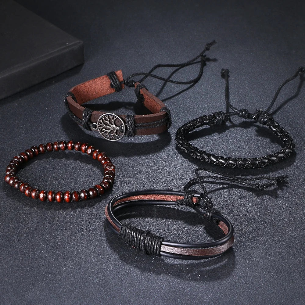 IFMIA 3/4Pcs Set Braided Wrap Leather Bracelets for Men – Vintage Life Tree & Rudder Charm