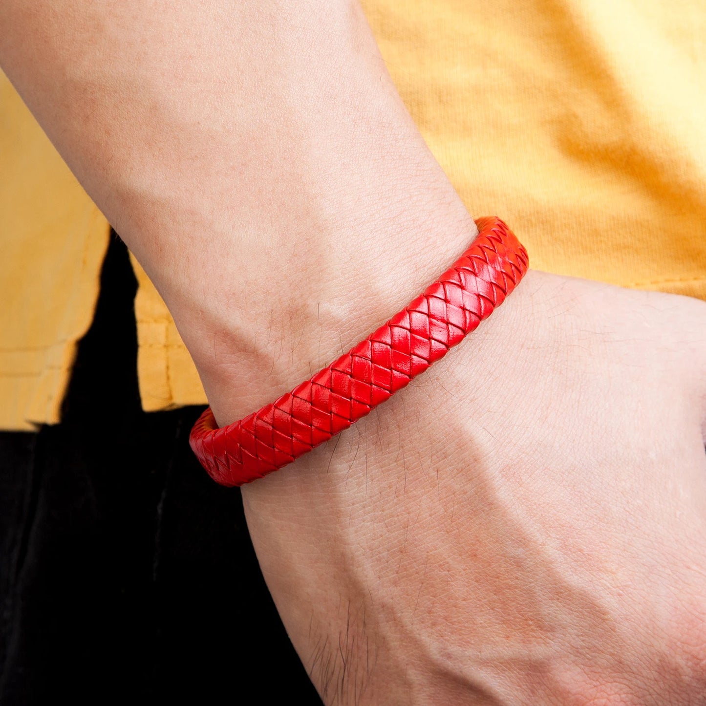 Charm Men's Jewelry: Black Braided Leather Bracelet with Magnetic Stainless Steel Clasp