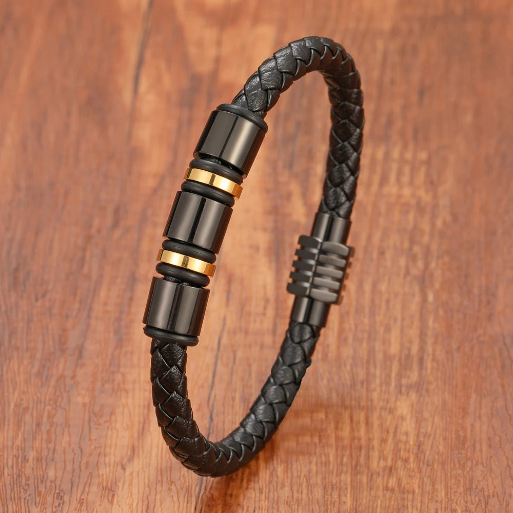 Simple Charm Braided Leather Stainless Steel Black Beaded Bracelet for Men