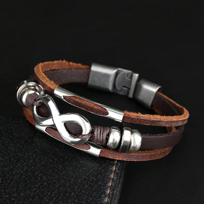 Trend Jewelry Alloy Bead Infinity Symbol Leather Bracelet – Stylish Multilayer Woven Punk Bracelet for Men