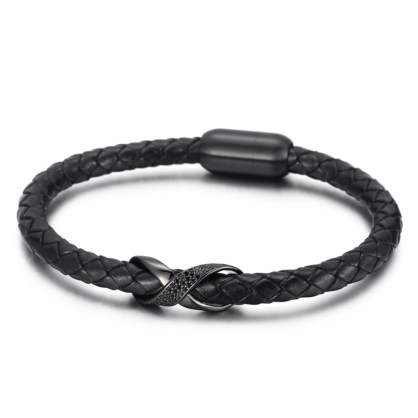 A black leather bracelet featuring a black clasp, designed with an infinity knot motif for a stylish look