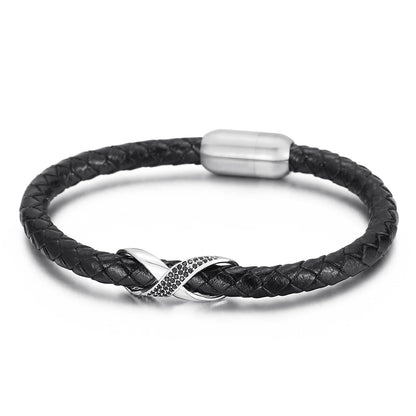 A black leather bracelet featuring a silver clasp, designed with an infinity knot motif for a stylish look