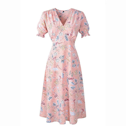 Casual Elastic Waist Boho Floral Print Vintage Beach Summer Midi Dress for Women