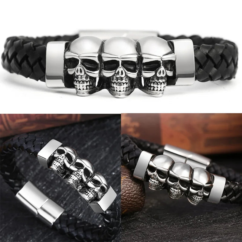 Hyperbole Men’s Black Braided Leather Bracelet with Stainless Steel and Skull Design