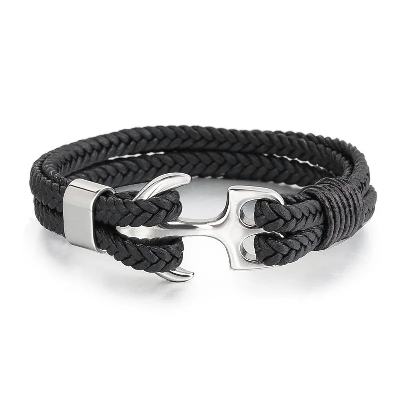 Stainless Steel Charm Anchor Men Leather Bracelet Braided Punk Jewelry