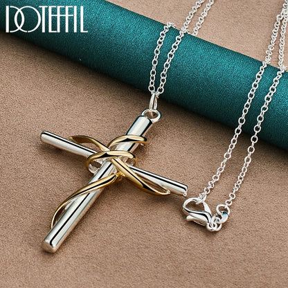 DOTEFFIL 925 Sterling Silver Gold Cross Pendant Necklace 18-30 Inch Chain For Woman Man Fashion Wedding Engagement Party Jewelry