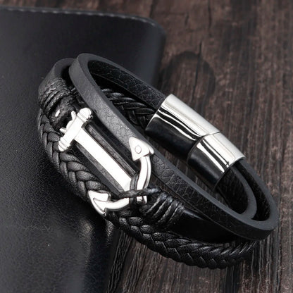 Stainless Steel with Genuine Leather Men Anchor Bracelets