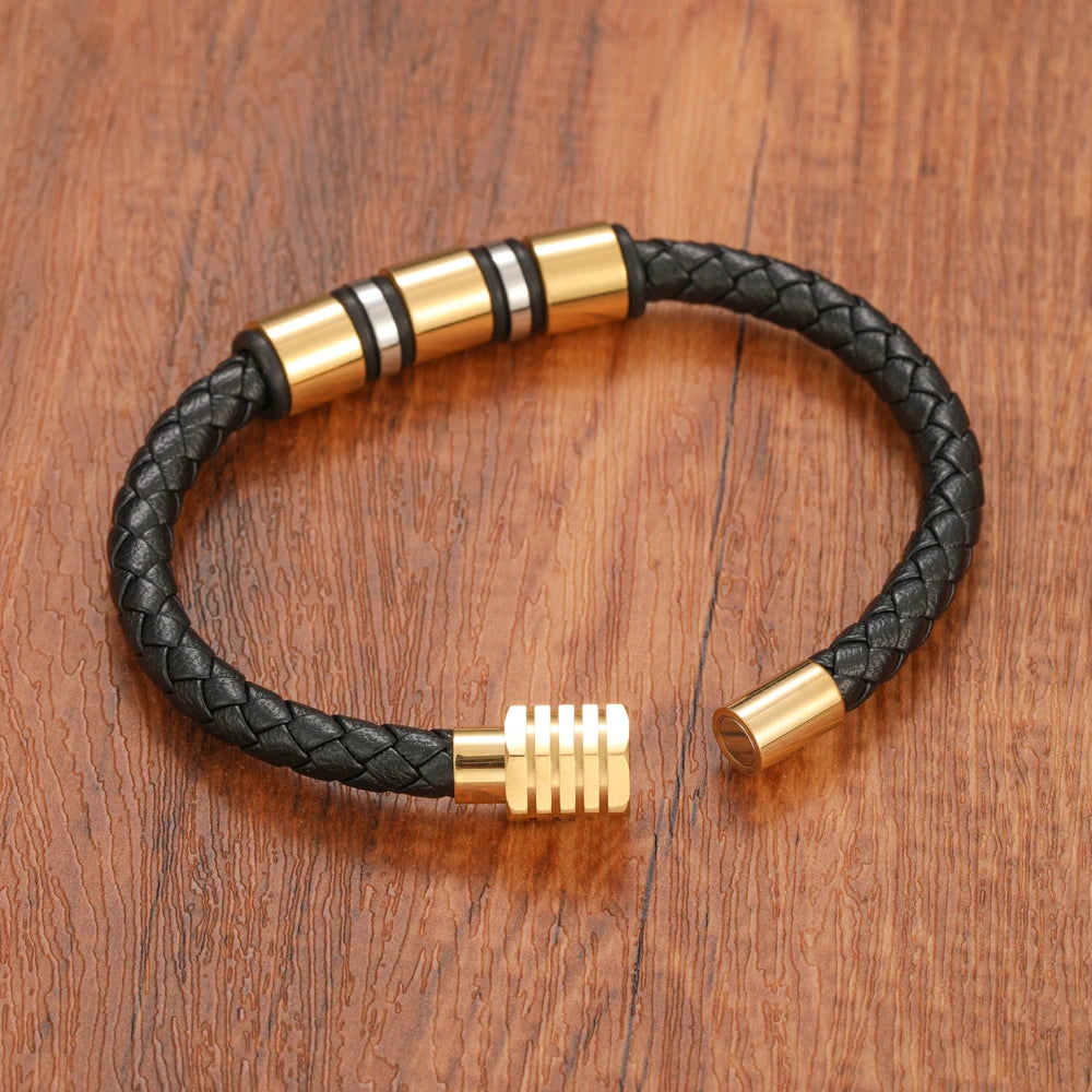 Simple Charm Braided Leather Stainless Steel Black Beaded Bracelet for Men