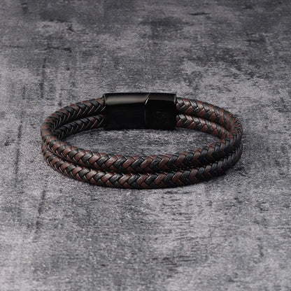 MKENDN Black Coffee Double Leather Bracelet for Men, Punk Stainless Steel Magnetic Clasp Braided Bangle