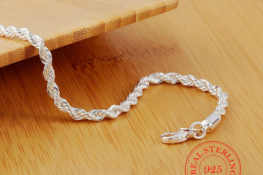 925 Sterling Silver 4mm Twist Rope Chain Bracelet for Men & Women