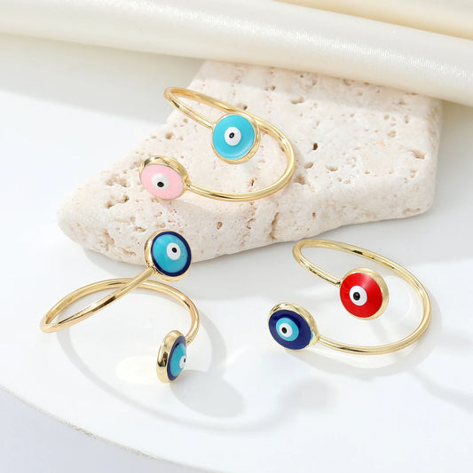 1PC Trend Retro Oil Dripping Color Turkish Demon Eye Ring Two Eye Opening Adjustable Ring Fashion Banquet Party Jewelry