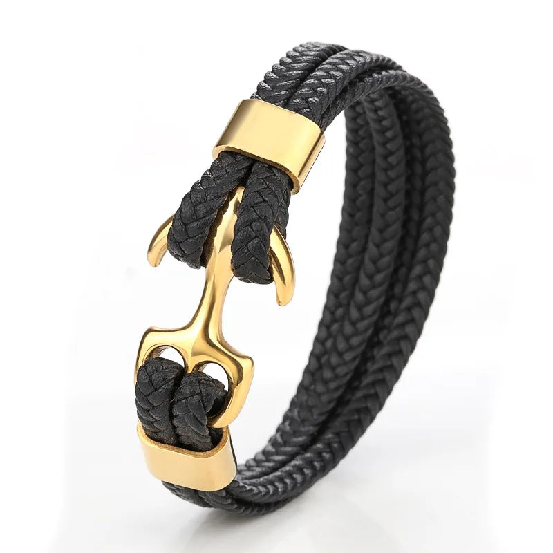 Stainless Steel Charm Anchor Men Leather Bracelet Braided Punk Jewelry