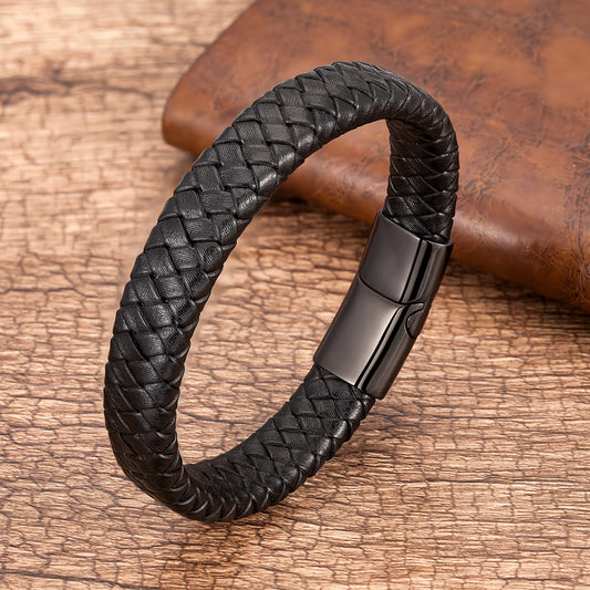 Charm Men's Jewelry: Black Braided Leather Bracelet with Magnetic Stainless Steel Clasp