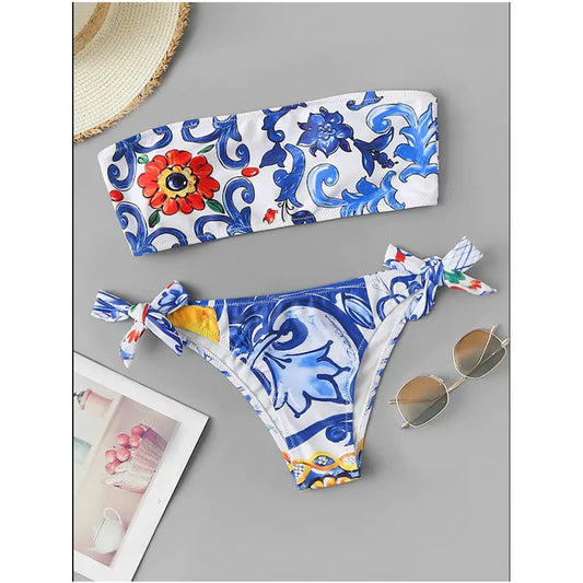 Women’s Sunflower Print Bikini Set – High Waist, Sexy Tube Top, Padded Swimwear