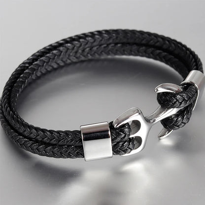 Stainless Steel with Genuine Leather Men Anchor Bracelets